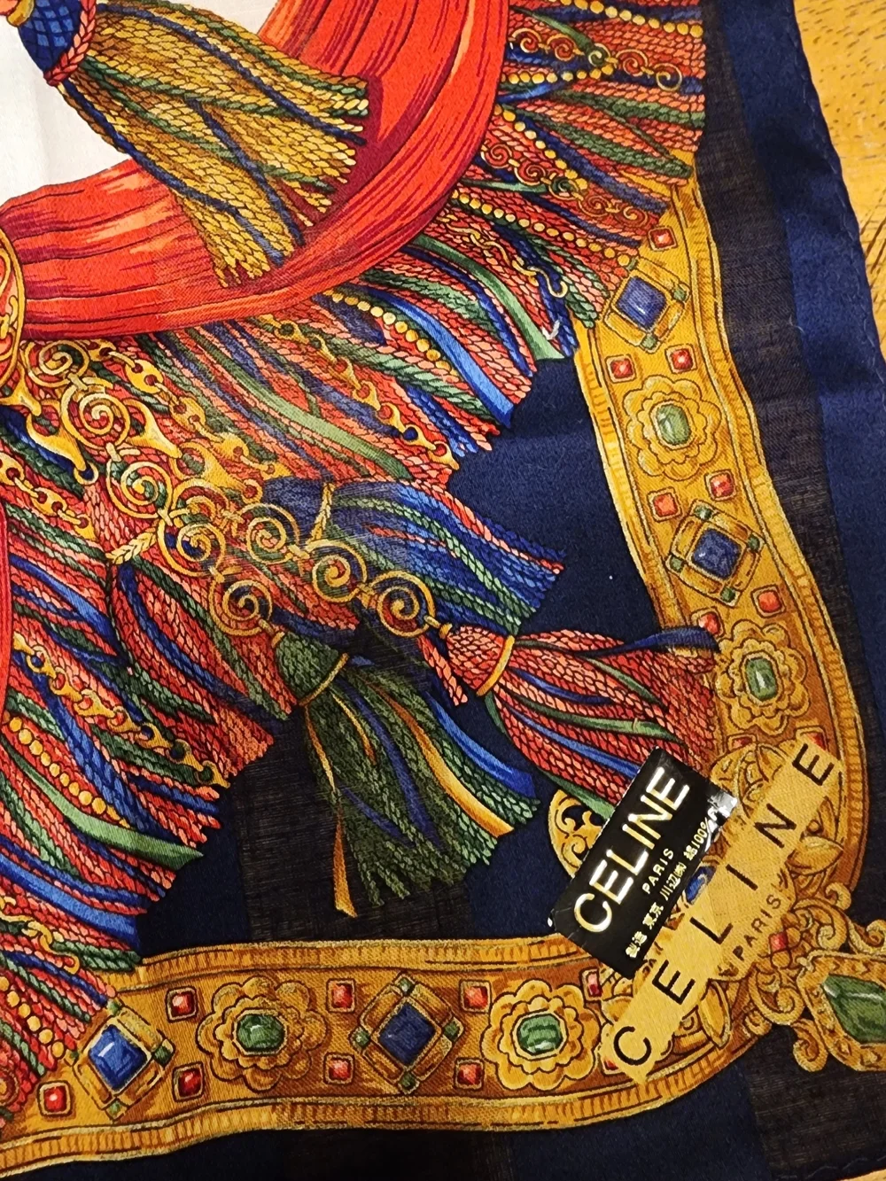 vintage Celine navy, red, and gold baroque tassel print handkerchief